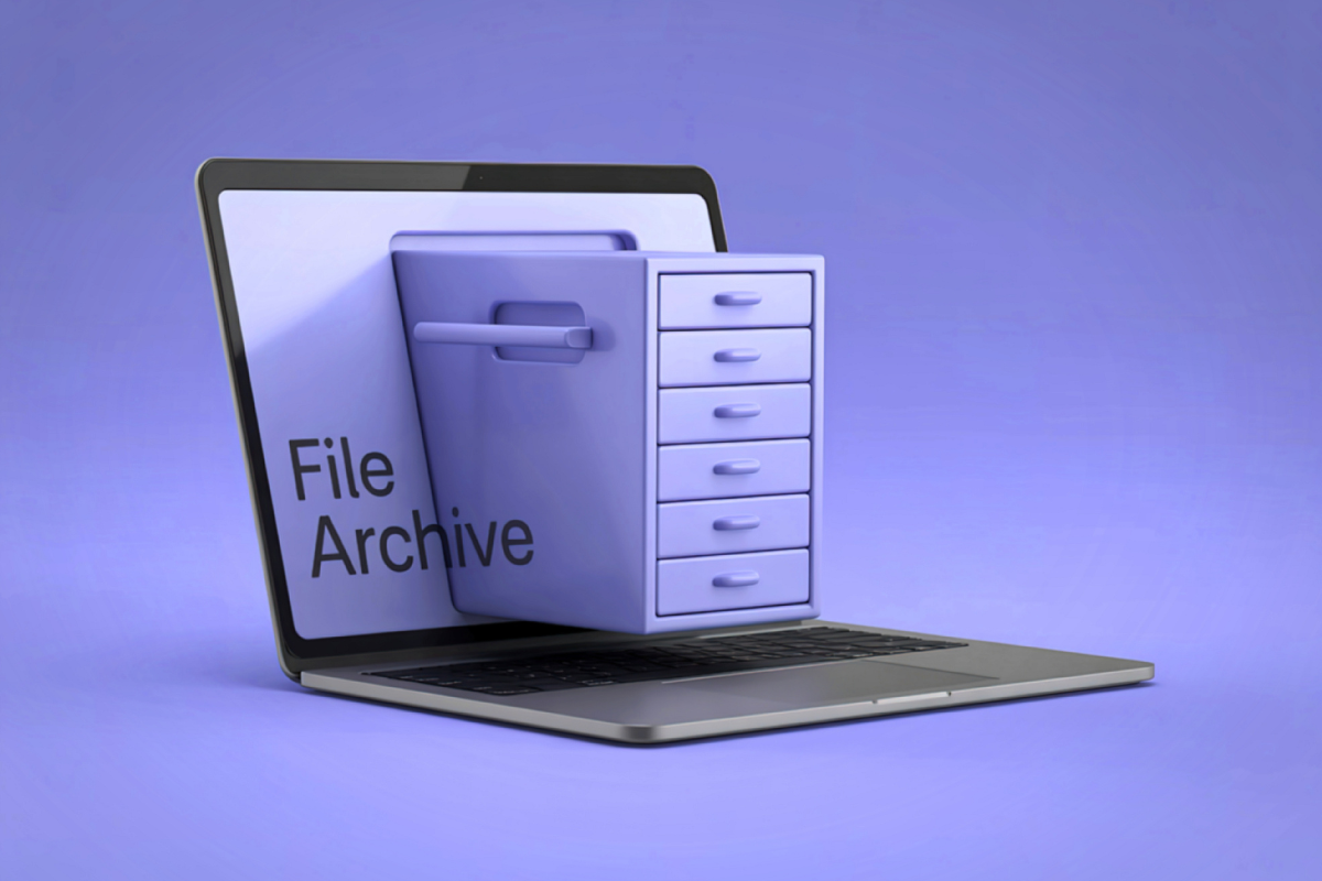 Laptop displaying a file archive cabinet icon emerging from the screen, representing digital file storage, data organization, and computer storage management.