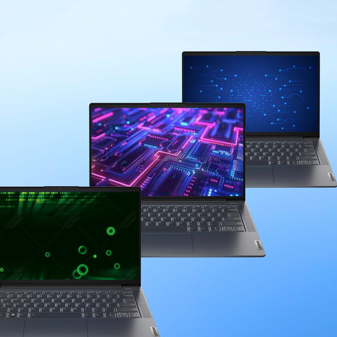 Group of laptops of various brands and sizes.