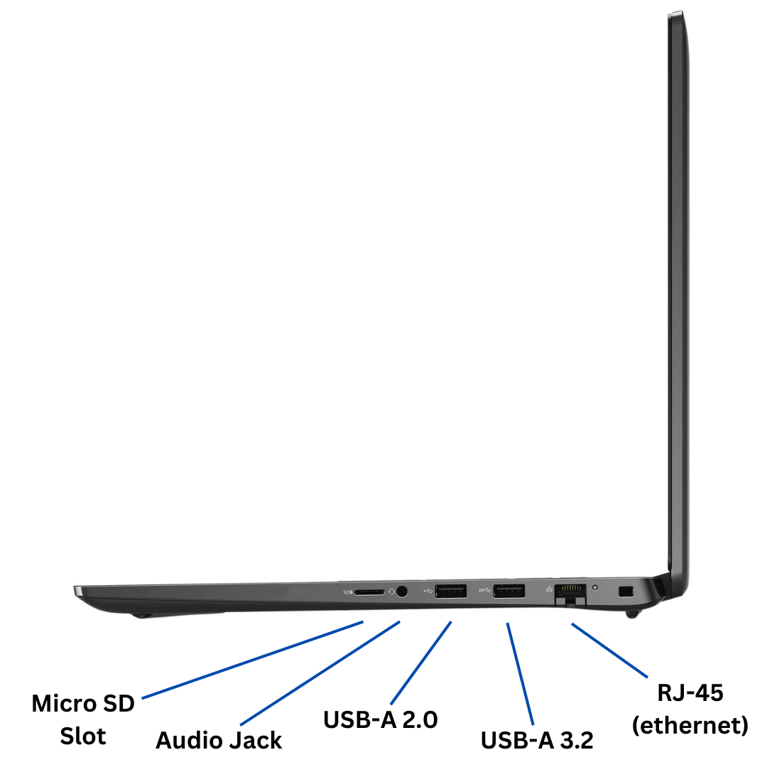 Discount PC - Right-side view of opened Dell Latitude 3520 Notebook ports.