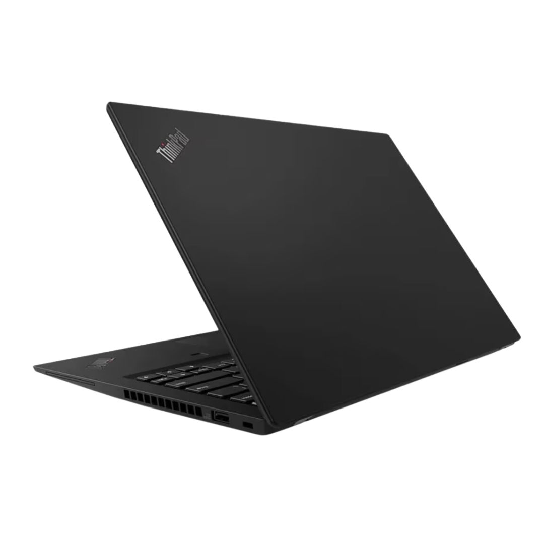 Discount PC - Side view of opened Lenovo ThinkPad T495 i7 laptop.