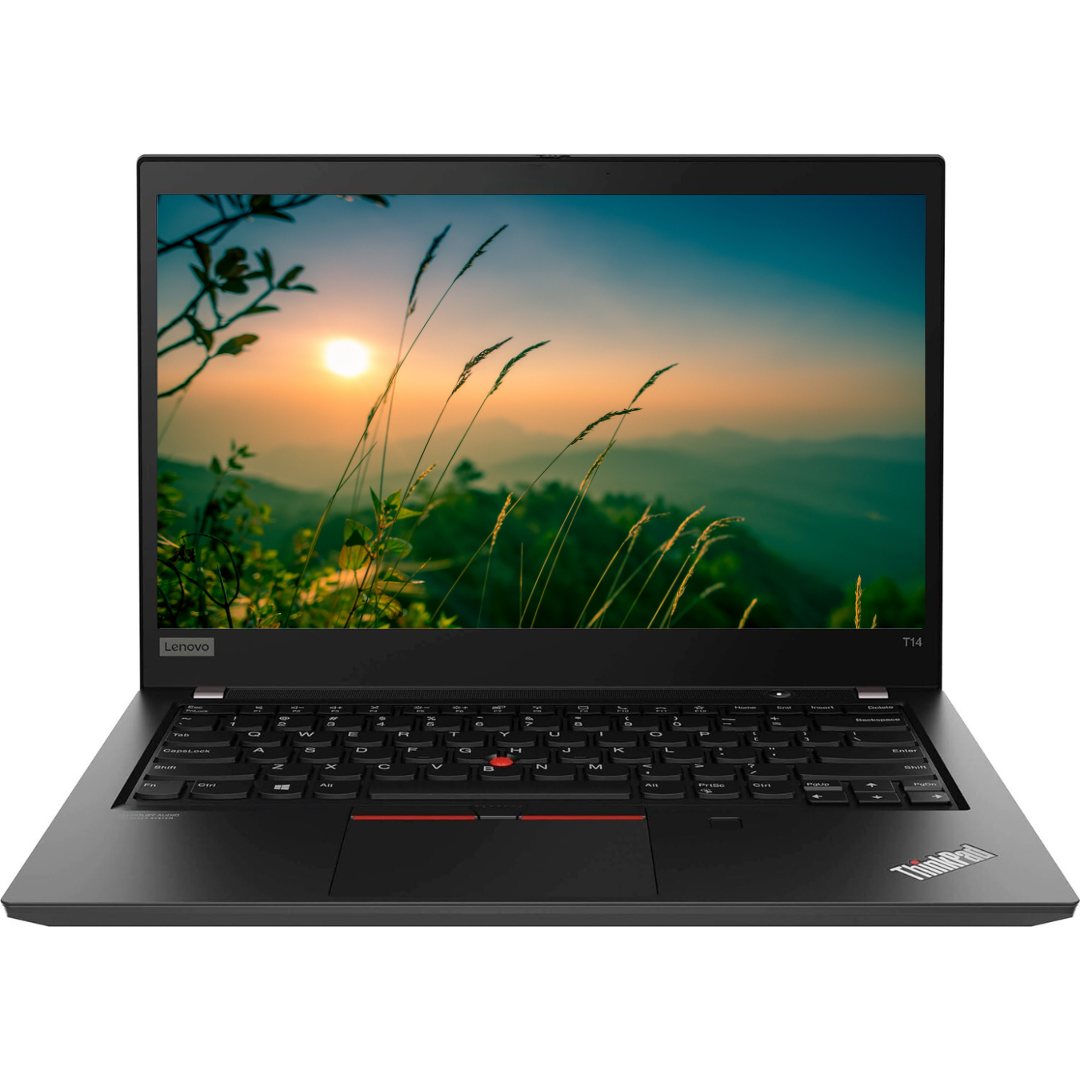 Discount PC - Front view of opened Lenovo ThinkPad T14 Gen 1 laptop.