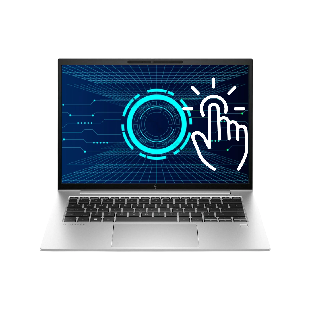 Discount PC- Laptop with futuristic design on screen featuring a hand touching a circular interface.
