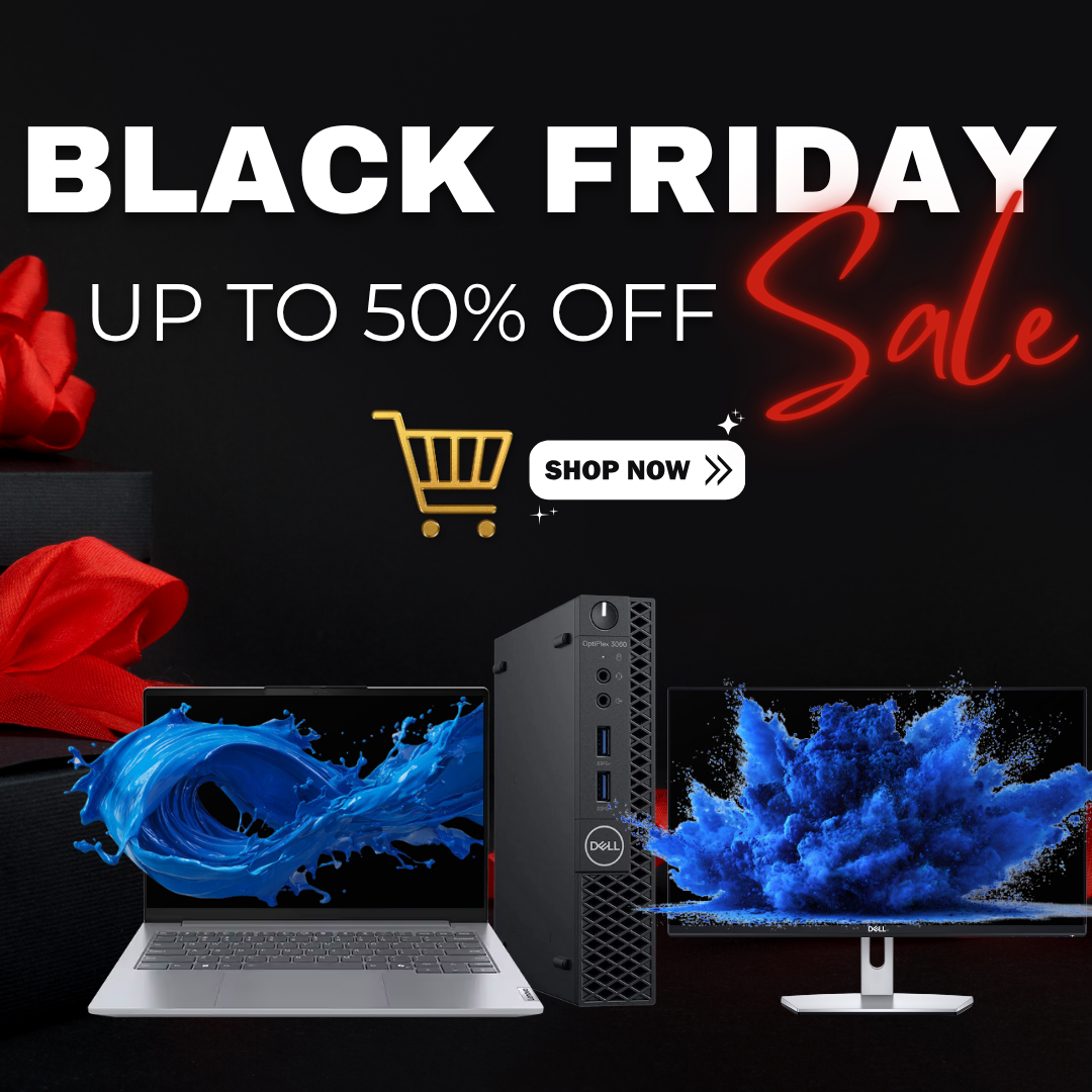 Black Friday sale advertisement with computer hardware and a shopping cart icon.