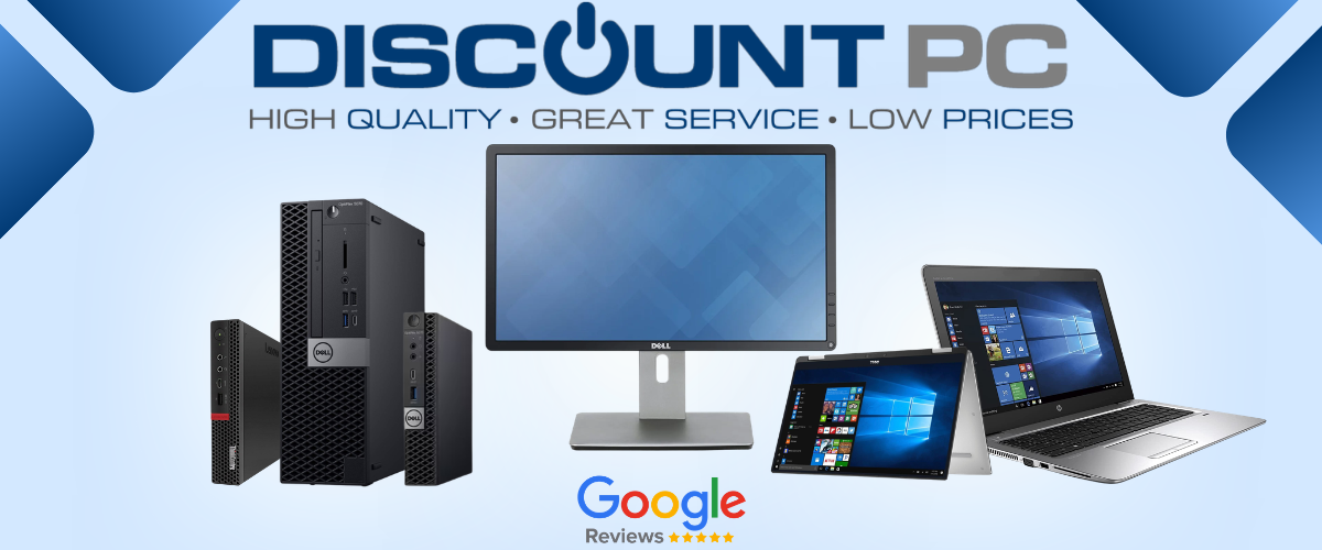 Promotional graphic for a 'Discount PC' offering high-quality refurbished desktop towers, a monitor, a tablet, and a laptop. The image features a light blue and white background with blue corner accents, displaying various computer products.