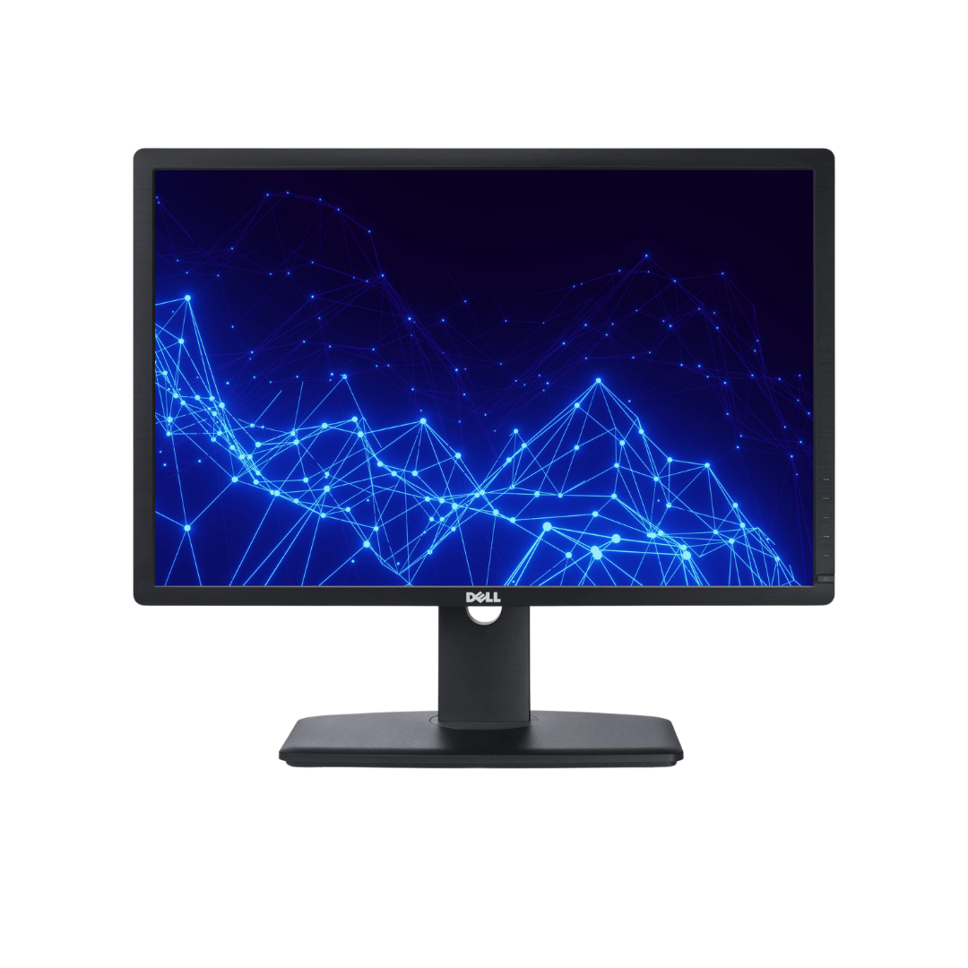 Dell monitor with a blue abstract design on the screen against a white background