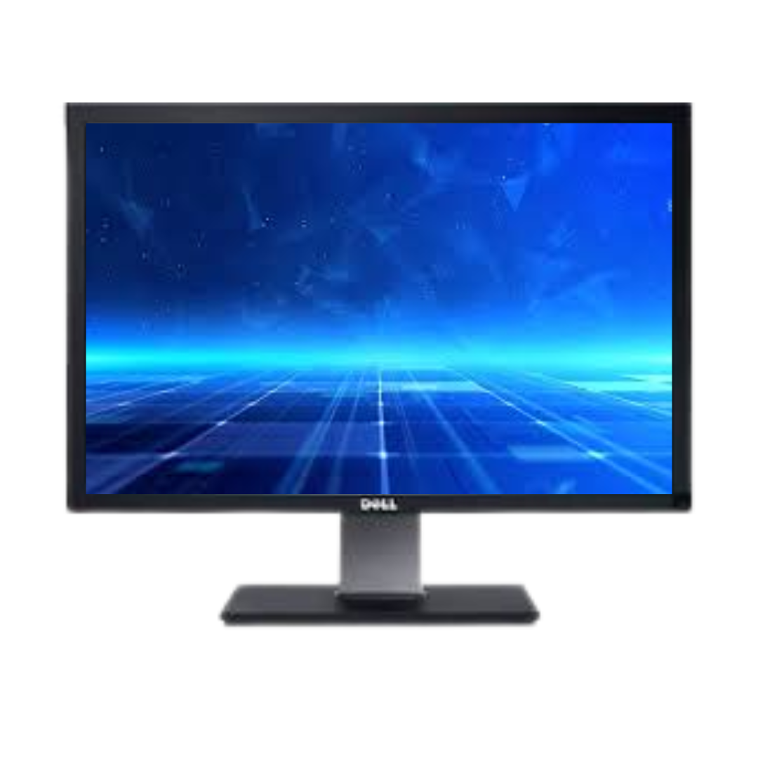 Dell computer monitor with blue screen on a white background