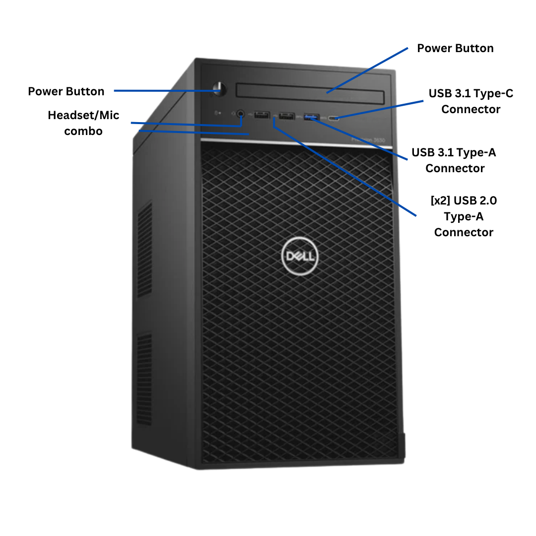 Discount PC- 3630 Precision, Dell computer tower with labeled ports on a white background, turned