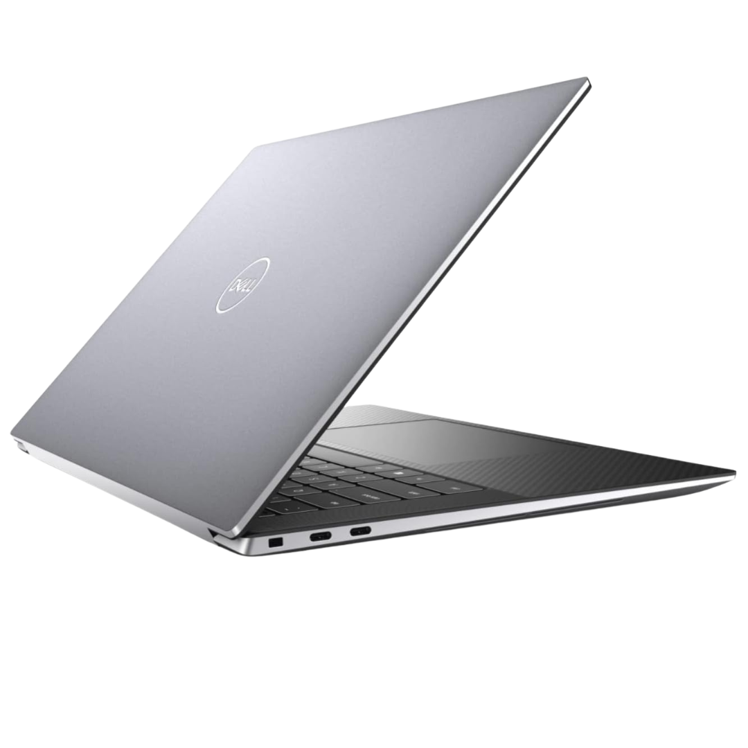 Silver laptop with Dell logo on a white background