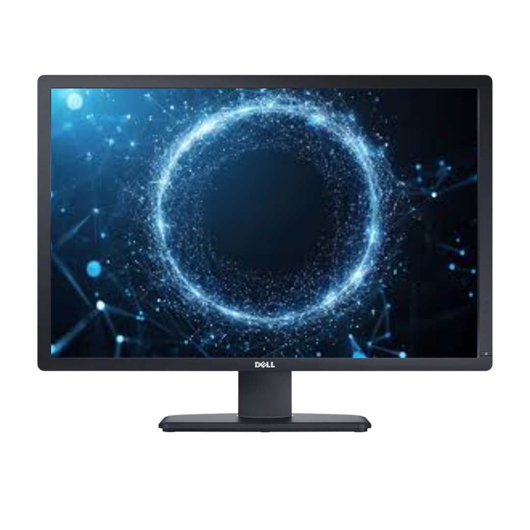Dell monitor with a blue abstract design on the screen against a white background