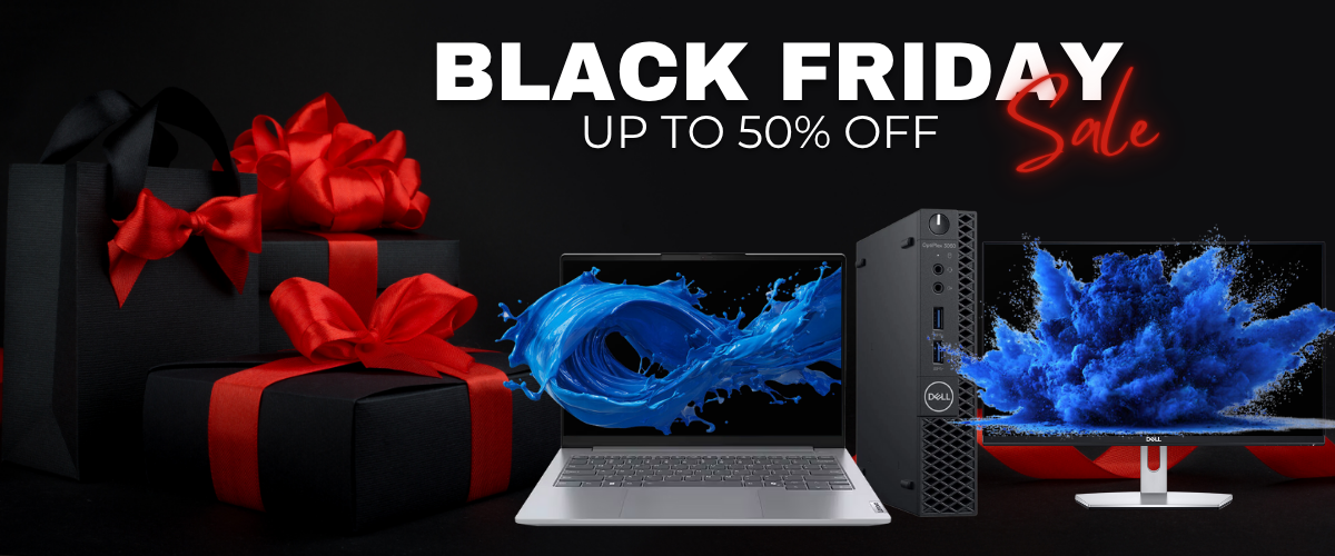 Black Friday sale advertisement with laptop, desktop, and gifts on a dark background
