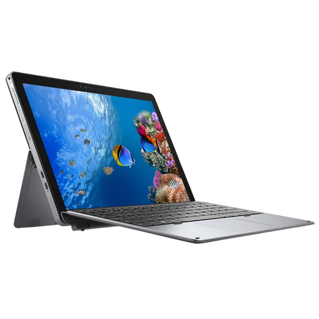 Laptop with a keyboard dock displaying an underwater scene on the screen.