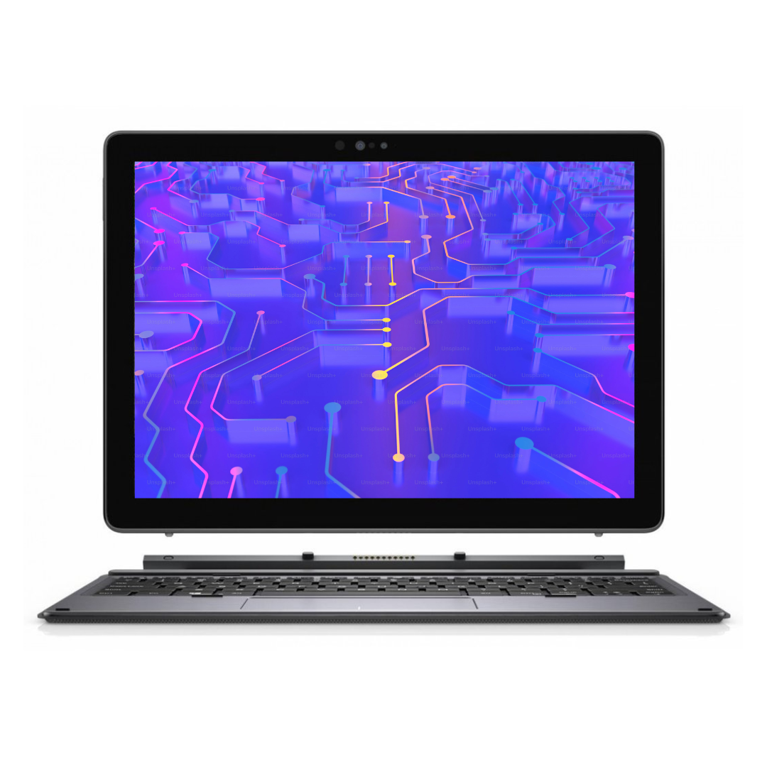 Laptop with a futuristic circuit design on the screen against a white background