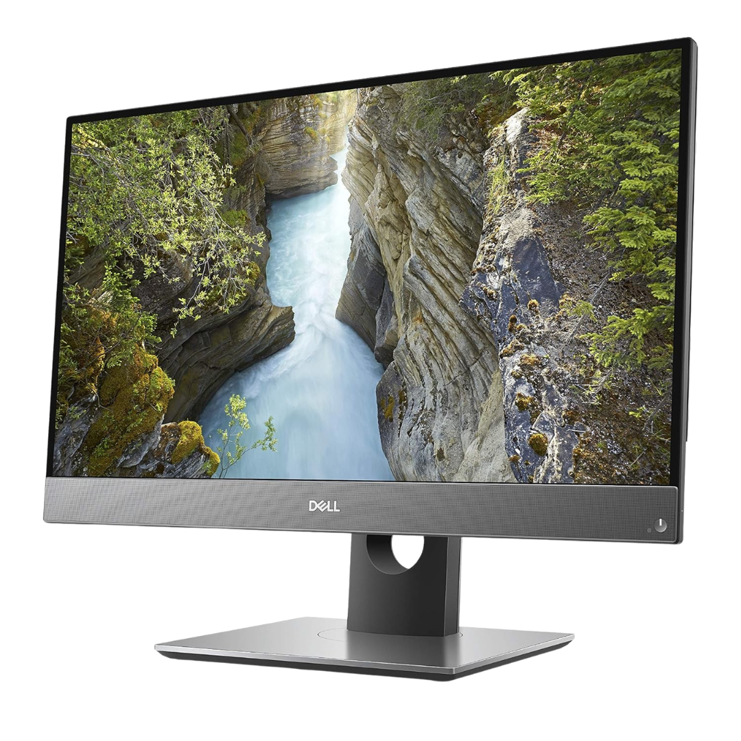 A Dell All-in-One computer with a slim black bezel and a silver stand, displaying a scenic canyon landscape on the screen against a white background.