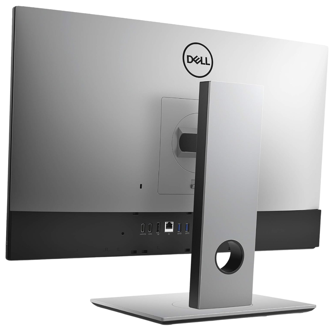 Dell computer All-in-One shown from the rear, featuring a silver and black chassis with the circular DELL logo near the top center, a vertical stand in the foreground, and port openings along the bottom edge, set against a plain white background.
