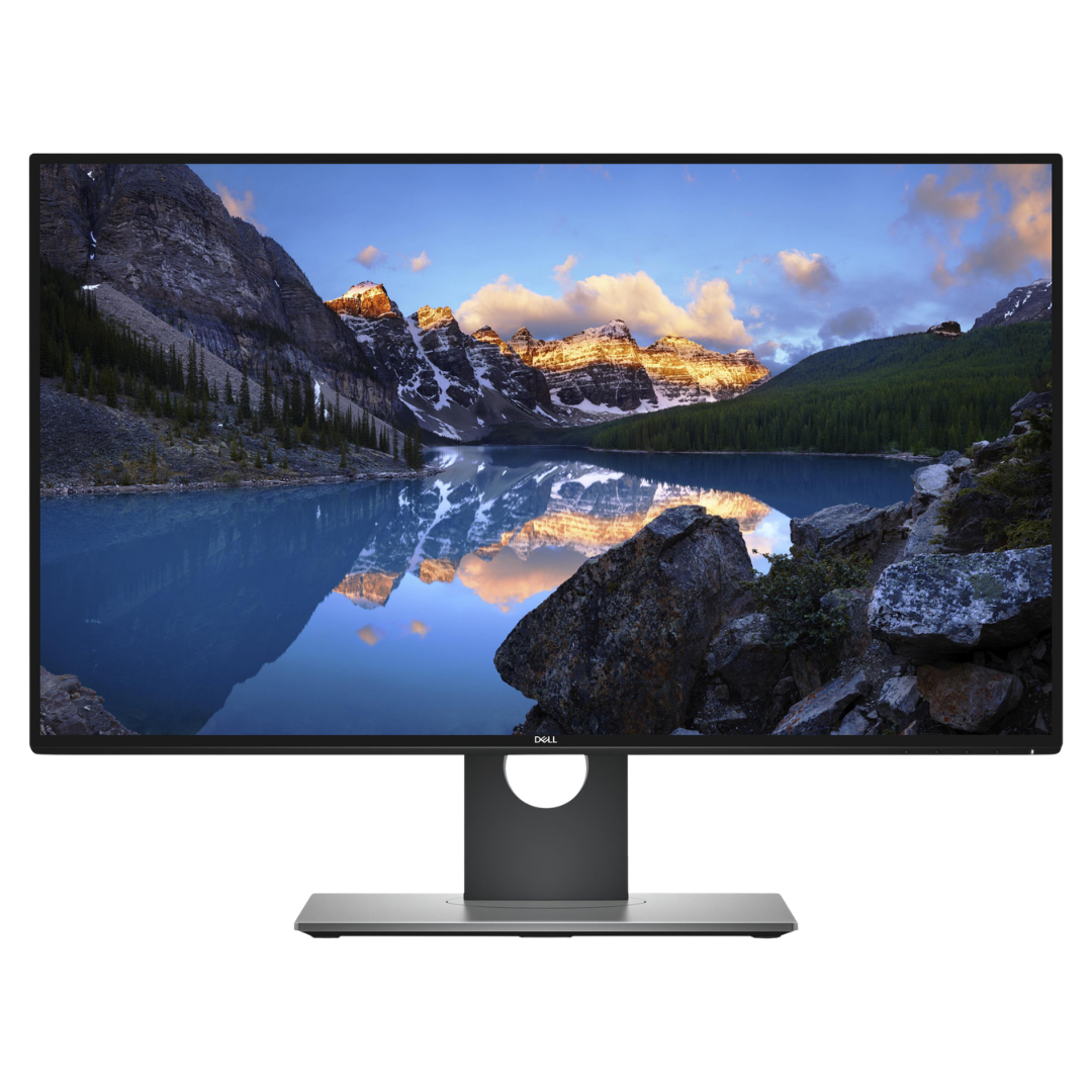 Front-view of the Dell UltraSharp U2718Q 4K monitor, with an image of a river in the mountains displayed on the screen.