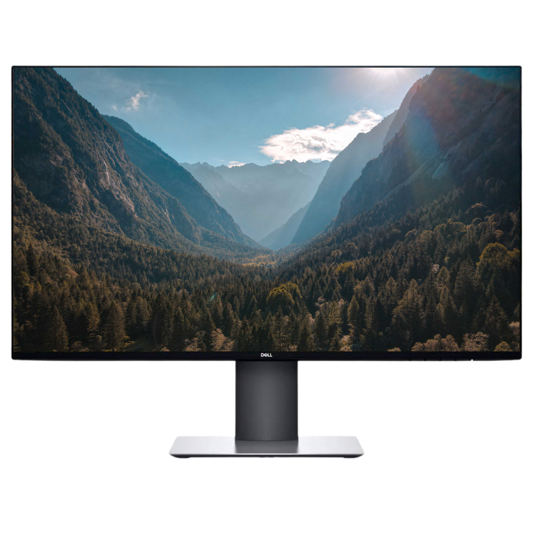 Front-view of the Dell UltraSharp U2729D Monitor, with a mountainous forest displayed on the screen.