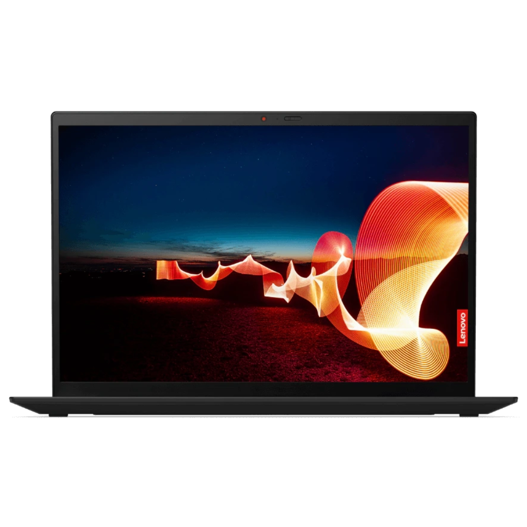 A Lenovo laptop shown open and centered on a plain white background, with the screen on and displaying a dark abstract wallpaper with glowing orange-red light streaks.