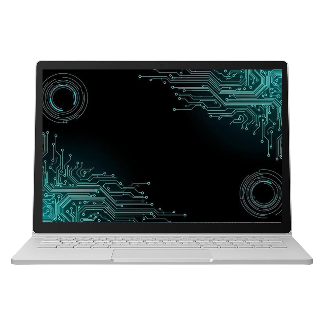 Laptop with a futuristic circuit design on the screen